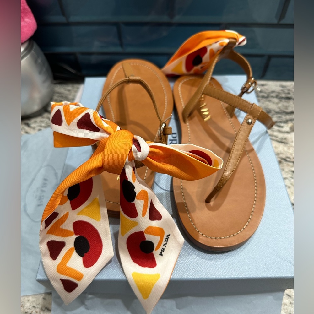 Prada sandals with removable scarf.